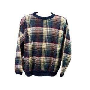 Vtg GANT Mens Sweater Crewneck Pullover 100% Cotton Navy Plaid Grandpa Sz M